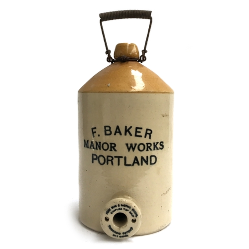 99 - A stoneware flagon with tap hole, made by Price, Bristol, marked 'F. Baker, Manor Works, Portland', ... 