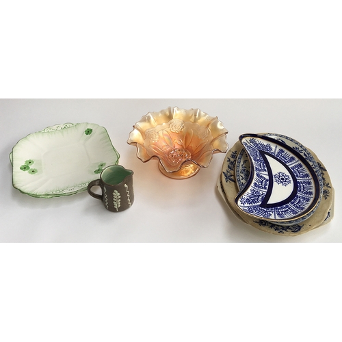 77 - A carnival glass bonbon dish with peony design; together with a small lot of ceramic plates and a ju... 