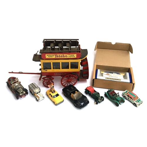 948 - A scratch built wooden omnibus, 17cmH; together with a mixed lot of toy cars, to include a Corgi Chi... 