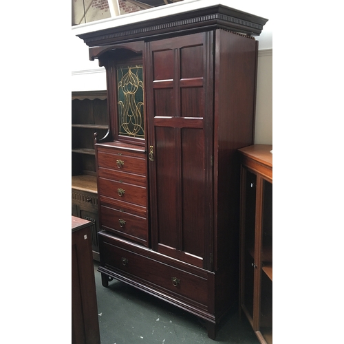 844 - An unusual mahogany wardrobe/chest of drawers with stained glass cupboard door, 120cmW