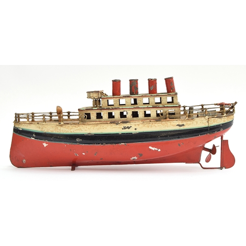 1000 - Carette style tinplate clockwork four funnel Ocean Liner, early 20th century, the hull painted in re... 