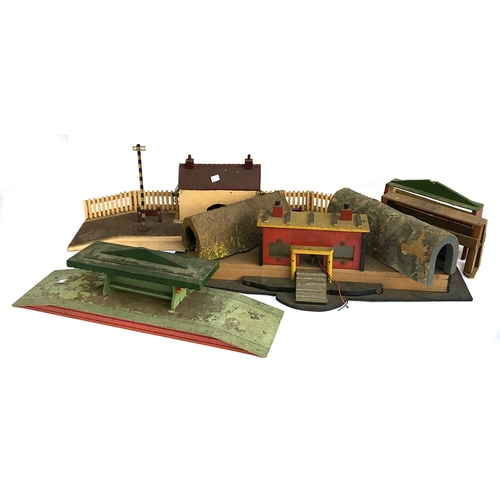 910 - A quantity of model railway wooden buildings and tunnels