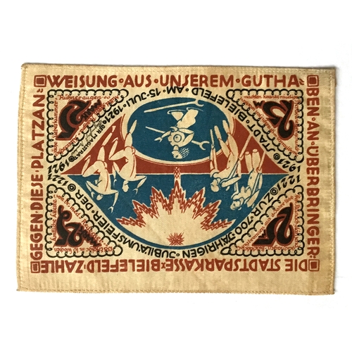 32A - A German silk emergency 25 mark 'notgeld' banknote, dated 15th July 1921, from the textile town of B... 