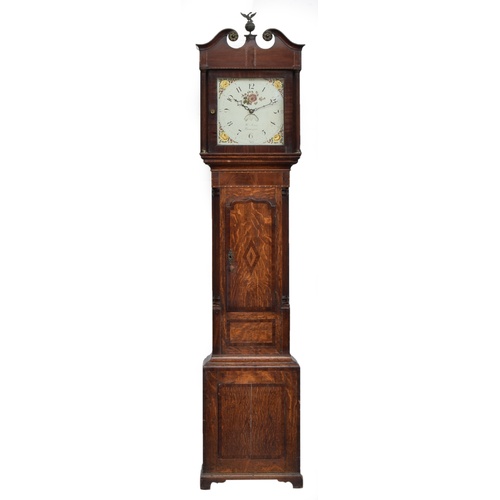 580 - An oak cased longcase clock, swan pediment with phoenix cresting, the case cross banded with central... 