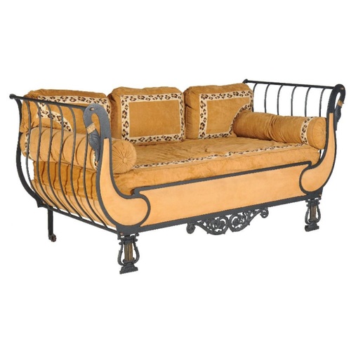 573 - A painted cast iron sofa, in Empire style, 20th century, with suede cushions and bolsters, 105cm hig... 