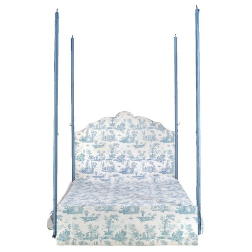 577 - A modern tester bed, hung with turquoise and white Chinoiserie drapes, counter pain and headboard, w... 