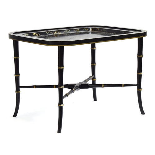 574 - A modern Vaughan lacquered and japanned tray top occasional table in the Victorian manner, on faux b... 