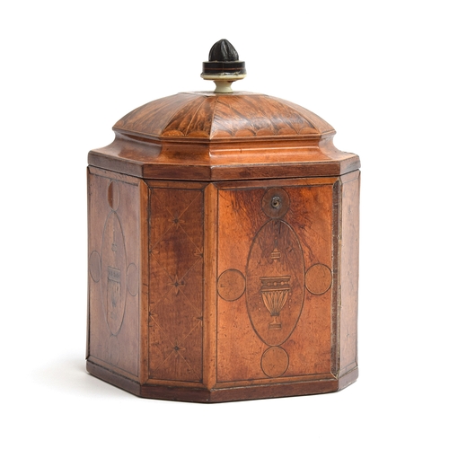 119 - A George III marquetry and parquetry tea caddy, of canted square form, with lined interior and inter... 