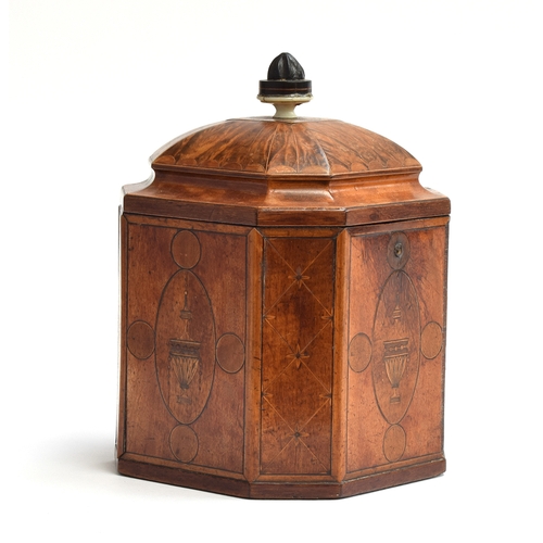 119 - A George III marquetry and parquetry tea caddy, of canted square form, with lined interior and inter... 