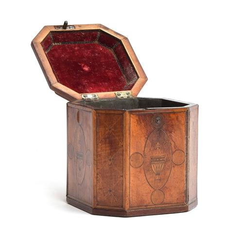 119 - A George III marquetry and parquetry tea caddy, of canted square form, with lined interior and inter... 