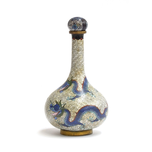 149 - A Chinese cloisonné bottle vase with lid (af), depicting dragons chasing a flaming pearl on a white ... 