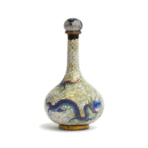 149 - A Chinese cloisonné bottle vase with lid (af), depicting dragons chasing a flaming pearl on a white ... 