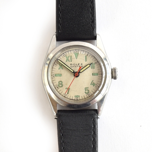 100 - A Rolex Oyster stainless steel gent's wrist watch
c. 1940, silvered dial with Arabic and Roman numer... 