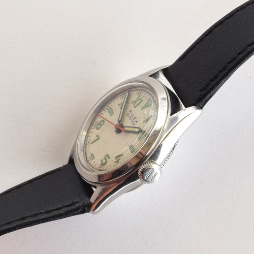 100 - A Rolex Oyster stainless steel gent's wrist watch
c. 1940, silvered dial with Arabic and Roman numer... 