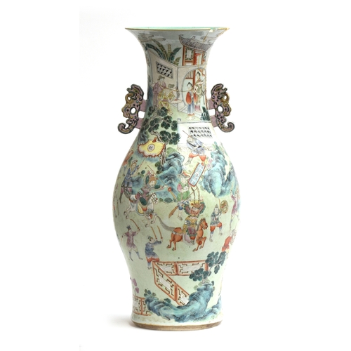 151 - A very large 19th century Chinese famille verte baluster vase (af), with kui dragon handles, depicti... 