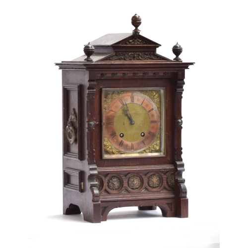 108 - A late 19th century German oak cased mantel clock, by Lenzkirch, architectural case with pediment to... 