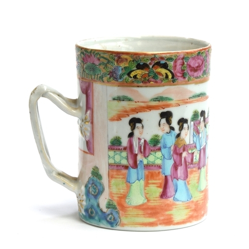 155 - A Cantonese famille rose cylindrical mug, decorated with court scenes, heightened in gilt, 13cm high