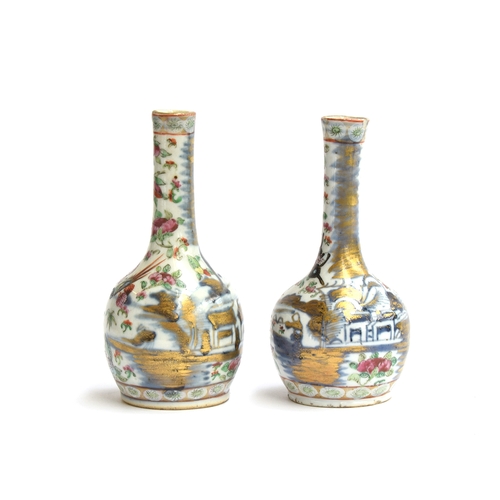 156 - A matched pair of Chinese bottle vases, the first decorated with butterflies and dragons, 16cm high;... 