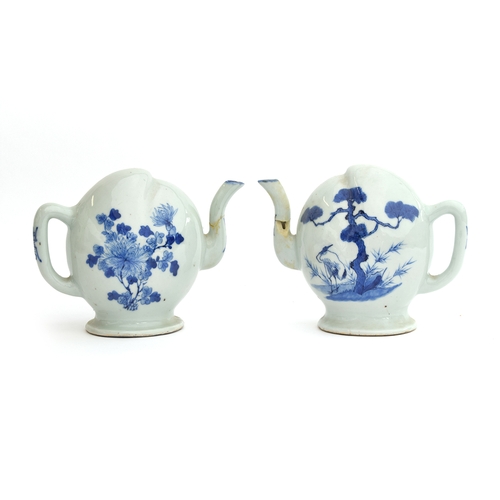 165 - Two unusual Chinese 19th century blue and white Cadogan teapots (af), each formed in the shape of a ... 