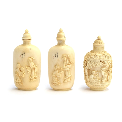 175 - A pair of Chinese ivory snuff bottles with one side having carved scenes depicting scholars and stud... 