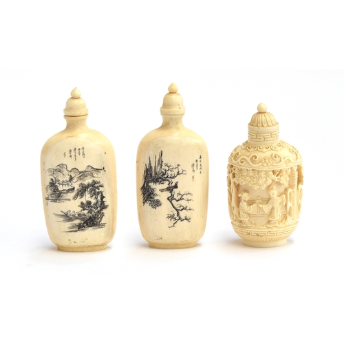 175 - A pair of Chinese ivory snuff bottles with one side having carved scenes depicting scholars and stud... 