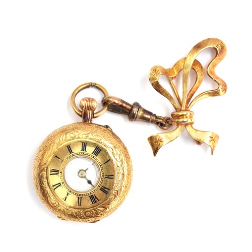 96 - An 18ct gold ladies half hunter fob watch, 30mm diameter, attached by a gold swivel to a 14ct gold b... 