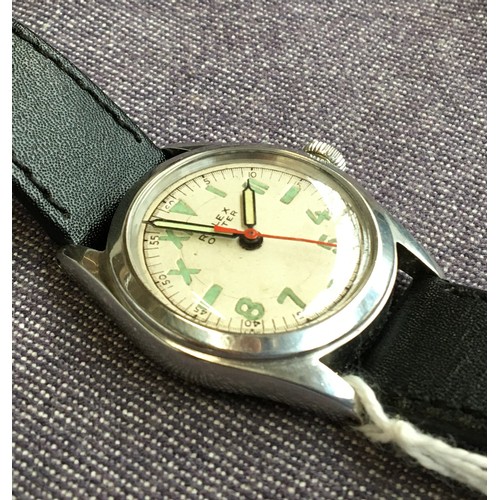 100 - A Rolex Oyster stainless steel gent's wrist watch
c. 1940, silvered dial with Arabic and Roman numer... 