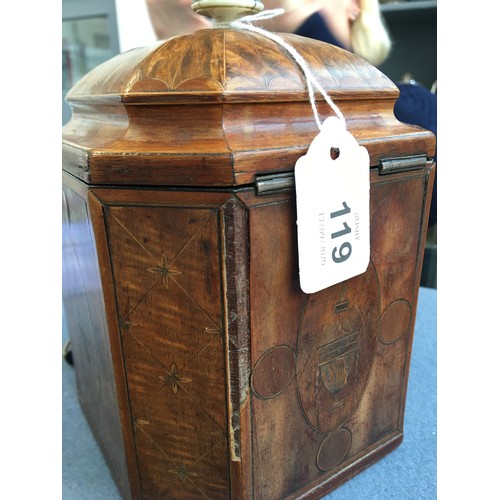 119 - A George III marquetry and parquetry tea caddy, of canted square form, with lined interior and inter... 