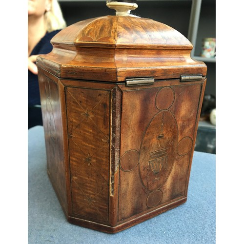 119 - A George III marquetry and parquetry tea caddy, of canted square form, with lined interior and inter... 