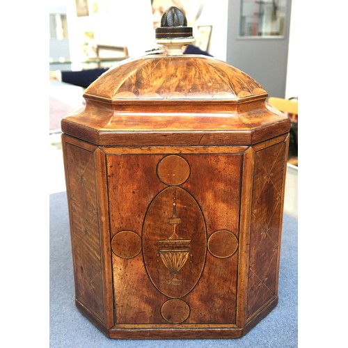 119 - A George III marquetry and parquetry tea caddy, of canted square form, with lined interior and inter... 