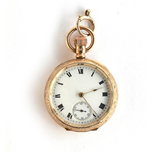 98 - A 9ct gold ladies open face top wind pocket watch, the engine turned case marked Dennison Watch Co.,... 