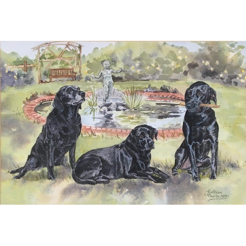 82 - Gillian Harris, study of three black Labradors, watercolour, signed and dated 1989, 36x53cm