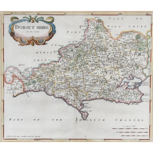 86 - Robert Morden, map of Dorset, hand coloured engraving, c.1722 Ro c.1695, 36x42cm