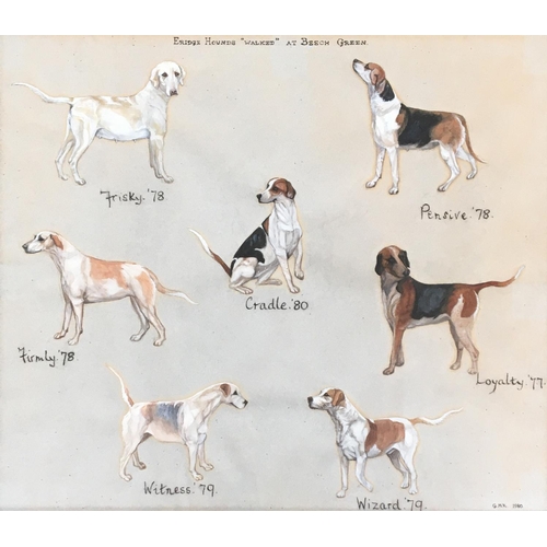 92 - Fox hunting interest, Eridge Hounds 'Walked at Beech Green', watercolour and gouache, initialled GMK... 