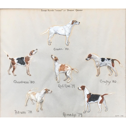 92 - Fox hunting interest, Eridge Hounds 'Walked at Beech Green', watercolour and gouache, initialled GMK... 