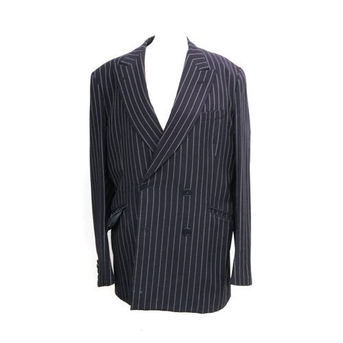 603 - A double breasted navy chalk stripe two piece suit, approx. 38