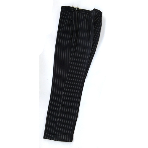 603 - A double breasted navy chalk stripe two piece suit, approx. 38