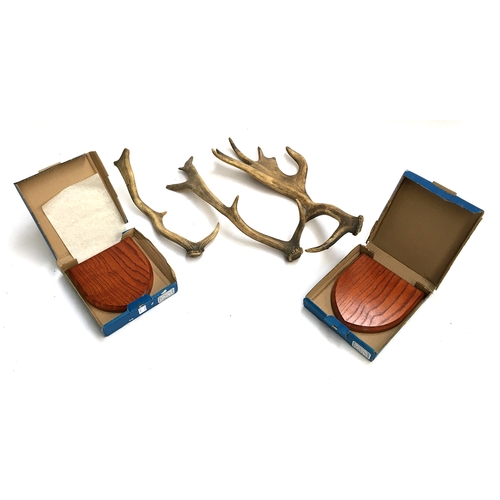 68 - Two boxed wooden shields, each 18cm high, for taxidermy use or otherwise; together with three antler... 