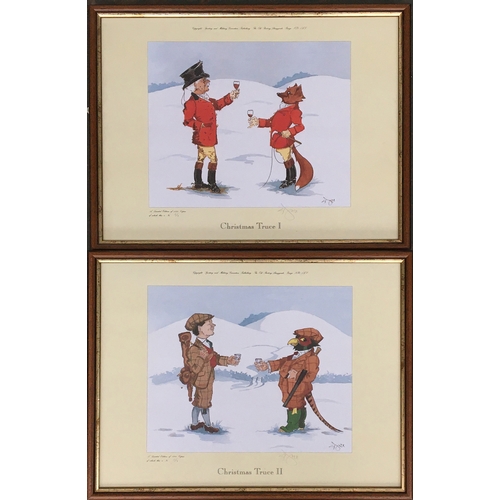 95 - A pair of hunting cartoon prints, 'Christmas Truce I' and 'Christmas Truce II', depicting a hunter t... 