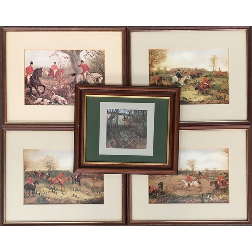 96 - A set of four prints depicting scenes of foxhunting, each 16.5x24cm; together with a small framed pr... 