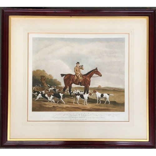 102 - Hunting interest: Thomas Oldacre, huntsman to the Berkeley Hounds, coloured print with studio blind ... 