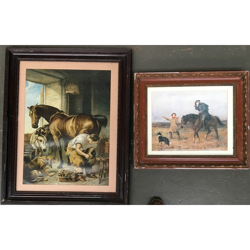 103 - A coloured print of a farrier at work, 57x42cm; together with one other of a pastoral scene, 29x37cm