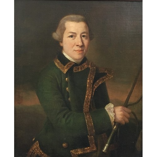 76 - Francis Cotes (1726-1770), Portrait of a Gentleman Huntsman wearing a Green Coat trimmed with Gold F... 