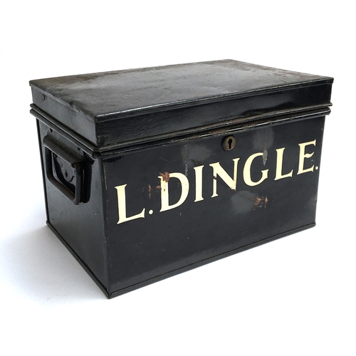 179 - A black enamelled deed box, twin loop handles, 32cmW, marked 'L. Dingle'