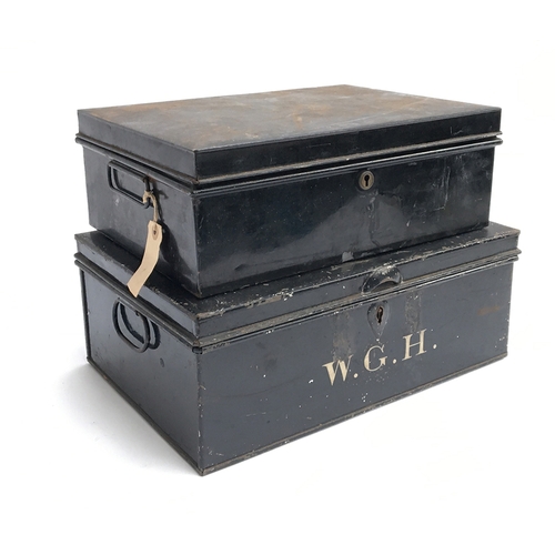 180 - Two black enamelled deed boxes, one initialled W.G.H, 41cmW and 37cmW (2)