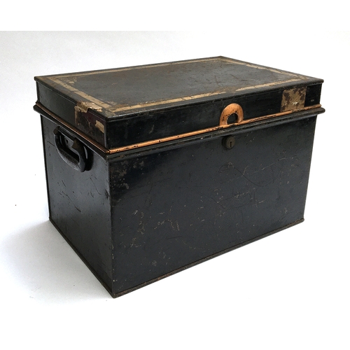 181 - A large metal deed box, the loop handles marked 'Milners, Liverpool', 46x31x30cmH
