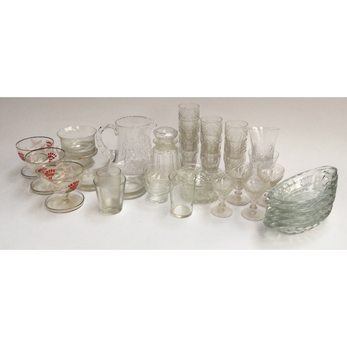 182 - A mixed lot of cut and other glassware, to include jug, trifle dishes, tumblers, sherry glasses etc