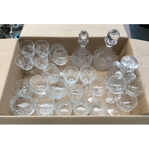 49 - A mixed lot of cut glassware, to include three decanters, whiskey tumblers, wine glasses, etc