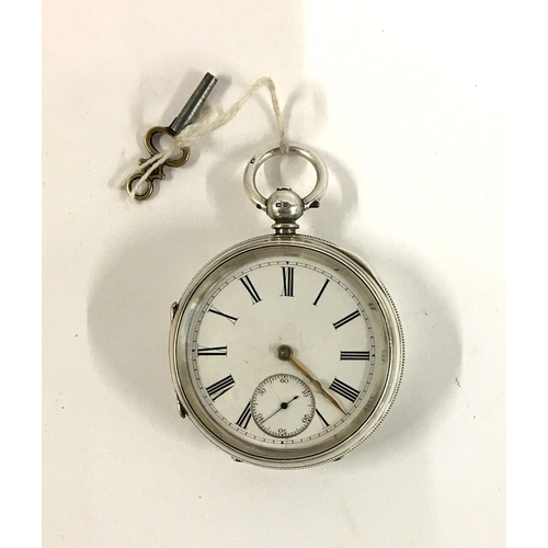 19 - A large open face key wind pocket watch, white dial with Roman numerals and outer minutes track, sub... 