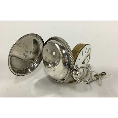 19 - A large open face key wind pocket watch, white dial with Roman numerals and outer minutes track, sub... 